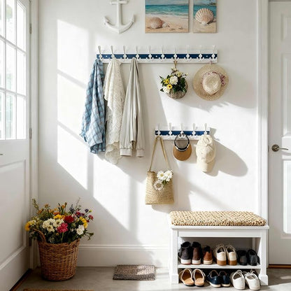 SKOLOO Coastal Coat Rack Wall Mount-38-1/8 Beach House Entryway Wooden Coat Hook with 10 Hooks for Hanging Coats, Hats or Towels, Oceanfront Cottage Core Collection, White & Blue, Pack of 2