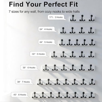SKOLOO 43-Inch White Wood Coat Rack Wall Mount with 8 Triple Hooks - Ideal for Family Entrances, Classrooms, and Pet Supplies Storage - Perfect Coat Hooks for Wall, Pack of 2