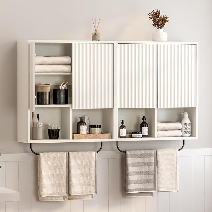 Fluted Wall Cabinets with Doors and Shelves Set of 2, Modern Medicine Cabinet Bathroom Adjustable Shelf Towel Rack Wood Storage Cabinet for Kitchen Dining Room Living Room, White