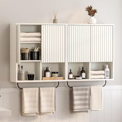 Fluted Wall Cabinets with Doors and Shelves Set of 2, Modern Medicine Cabinet Bathroom Adjustable Shelf Towel Rack Wood Storage Cabinet for Kitchen Dining Room Living Room, White
