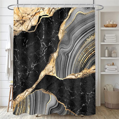Nkzply 4 Pcs Black Marble Shower Curtain Gold Bathroom Sets with Shower Curtain and Rugs Modern Abstract Grey Shower Curtain Set Bathroom Rug Set Bathroom Decor Accessories with Hooks Toilet Lid Cover