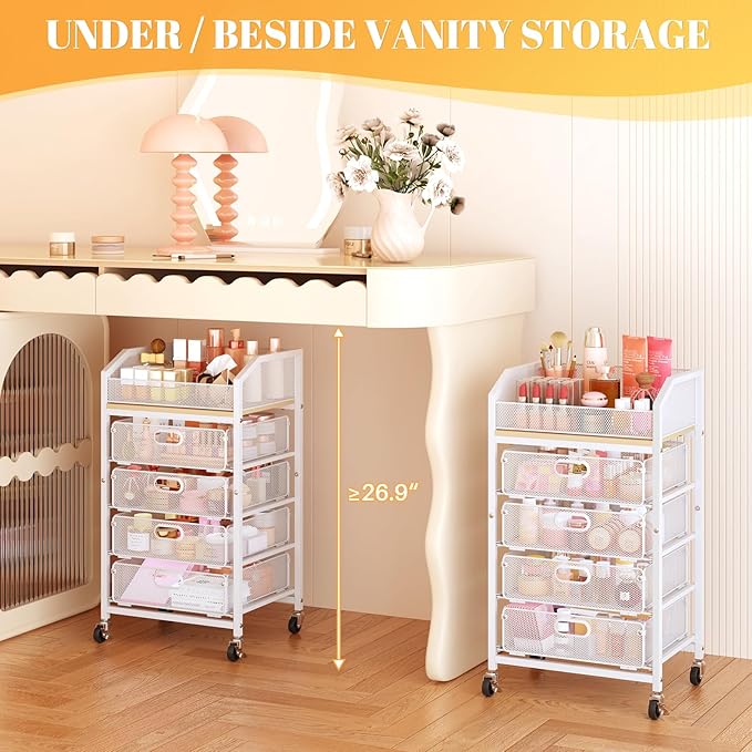 SUNALLY Makeup Organizer Cart with 4 Drawers, Rolling Makeup Storage Cart Metal Skincare Organizers, Large Vanity Storage Organizer Cosmetics Display Cases for Skin Care Perfume Nail Polish, White