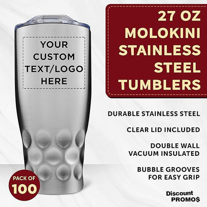 Custom Stainless Steel Tumblers by Molokini 27 oz. Set of 100, Personalized Bulk Pack - Double Wall, Perfect for Coffee, Soda, Other Hot & Cold Beverages - Silver