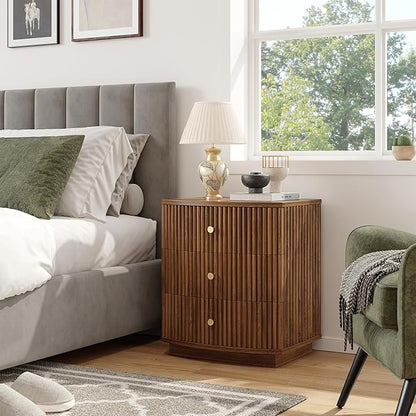 Dresser for Bedroom,3-Drawer Dresser, Mondern Wide Chest of Drawers with Fluted & Curved Design, Large Storage Chest for Bedroom, End Table for Living Rooms, （Walnut）