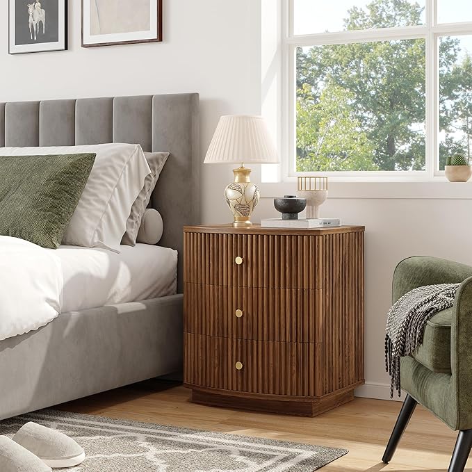 Dresser for Bedroom,6-Drawer Dresser, Mondern Wide Chest of Drawers with Fluted & Curved Design, Large Storage Chest for Bedroom, End Table for Living Rooms, （Walnut*2）