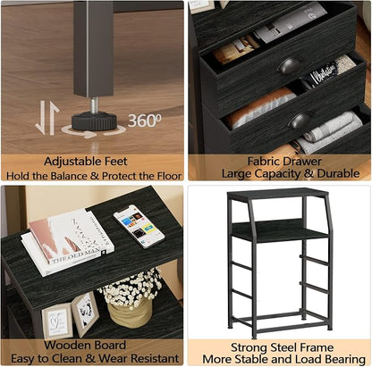 Furnulem Black Night Stand, Small Dresser for Bedroom, Nightstand with 3 Fabric Storage Drawers and 2-Tier Shelf, End Table Side Furniture for Closet, Hallway, Nursery, Sturdy Steel Frame, Wood Top