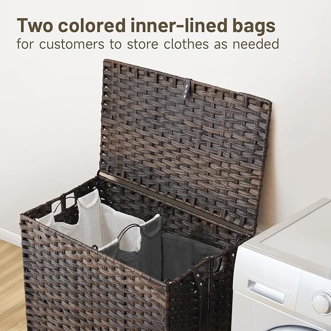 Laundry Hamper with Wheels, 39.6 Gallon(150L) Rolling Laundry Basket with Lid, Removable Large 2 Color Liners & 3 Mesh Laundry Bags, Clothes Hamper with Side Pocket, Brown