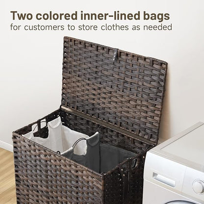 Laundry Hamper with Wheels, 39.6 Gallon(150L) Rolling Laundry Basket with Lid, Removable Large 2 Color Liners & 3 Mesh Laundry Bags, Clothes Hamper with Side Pocket, Brown