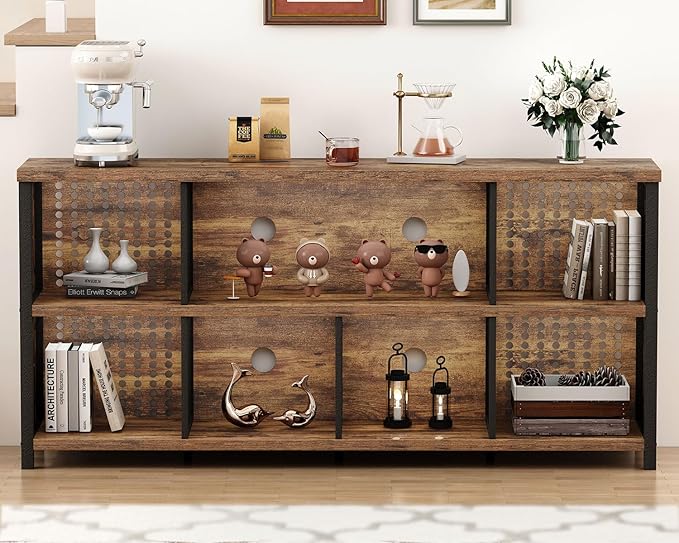 LVB Rustic Horizontal Bookshelf, Industrial Bookcase Cube Storage Organizer, Wide Large Metal Wooden Office Cube Shelf, Farmhouse Low Long Book Shelf for Home Bedroom Living Room, Rustic Brown, 63 in