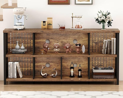 LVB Rustic Horizontal Bookshelf, Industrial Bookcase Cube Storage Organizer, Wide Large Metal Wooden Office Cube Shelf, Farmhouse Low Long Book Shelf for Home Bedroom Living Room, Rustic Brown, 63 in