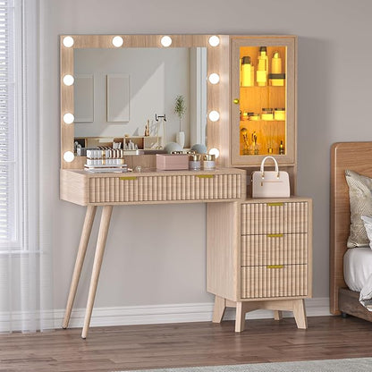 45” Fluted Makeup Vanity Desk with Mirror and Lights, Glass Top Dressing Table with 5 Drawers, LED Lighted Adjustable Cabinet, Trays & Charging Station for Bedroom Dressing Room
