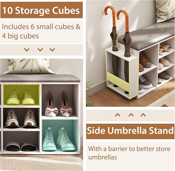 Tangkula Shoe Storage Bench with Umbrella Stand, 10-Cube Entryway Bench with Adjustable Shelf & Padded Cushion, Cubby Shoe Rack Organizer for Bedroom & Checkroom, Rustic Brown & Black (White)