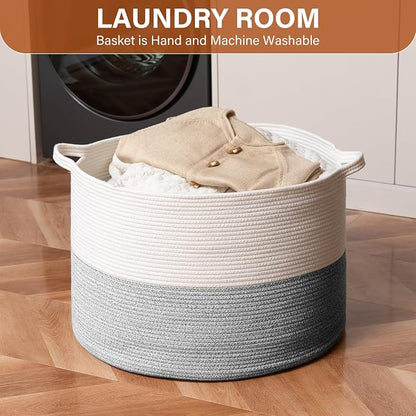 Foldable Laundry Hamper Basket with Collapsible Handle Cotton Rope Soft Woven Fabric Storage Organizer Clothes Toys Nursery Bedroom Dorm Space Saving Bin (White & Light Grey, 80L(21.7"D x 13.8"H))