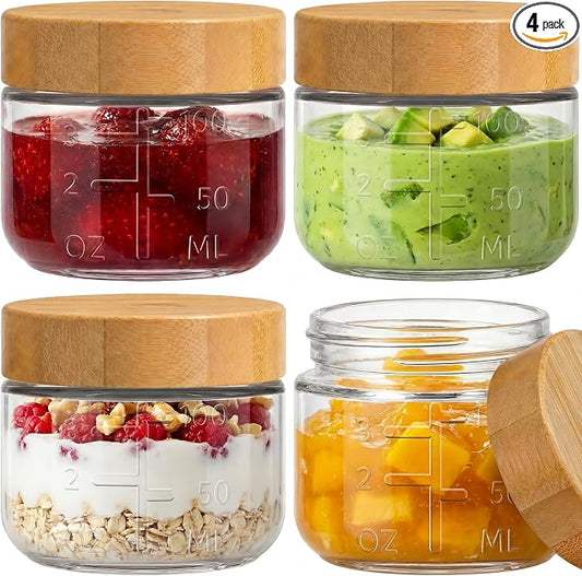 HomArtist 3oz Glass Salad Dressing Containers with Bamboo Lids - 4 Pack Small Airtight Condiment Cups, Mini Sauce Jars for Picnic, Ketchup, Dip & Snacks, Leakproof, BPA-Free & Dishwasher Safe
