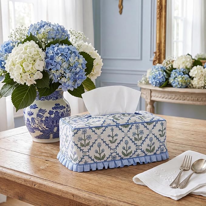 Ruffle Boho Fabric Tissue Box Cover, Handmade Rectangular Blue Green Print Floral Decorative Tissue Box Sleeve Grand Millennial Decor for Bathroom Vanity Home Office