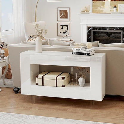 47" High Gloss Console Table with Hidden Side Storage Cabinets, Adjustable Shelves, Modern Entryway Sofa Table for Behind The Couch, Living Room, Hallway, White