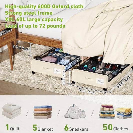 YAASHEEN Under Bed Storage with Wheels, Under the Bed Storage Containers with Clear Lids & Label, Underbed Storage Bins, XXL 60L Rolling Metal Drawer for Clothes, Shoes, Toys, Books (4-Pack Beige)