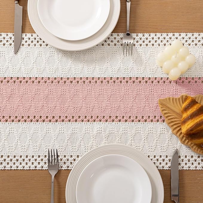 Socomi Boho Table Runner Valentine's Day Farmhouse Rustic Dining Kitchen Centerpiece Decor Small Macrame Woven Cotton Linen Coffee Table Runner for Dresser Scarf Home Decor 12x60 inPink Ivory