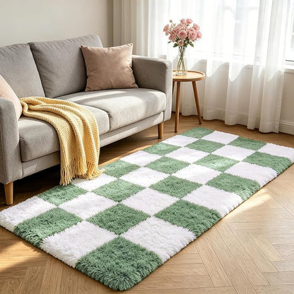 Shag Runner Rug for Bedroom Living Room 2x6 Upgrade Non-Slip Fluffy Soft Bedside Rugs,Green and White Shaggy Carpet for Livingroom Dorm Home Decor Aesthetic
