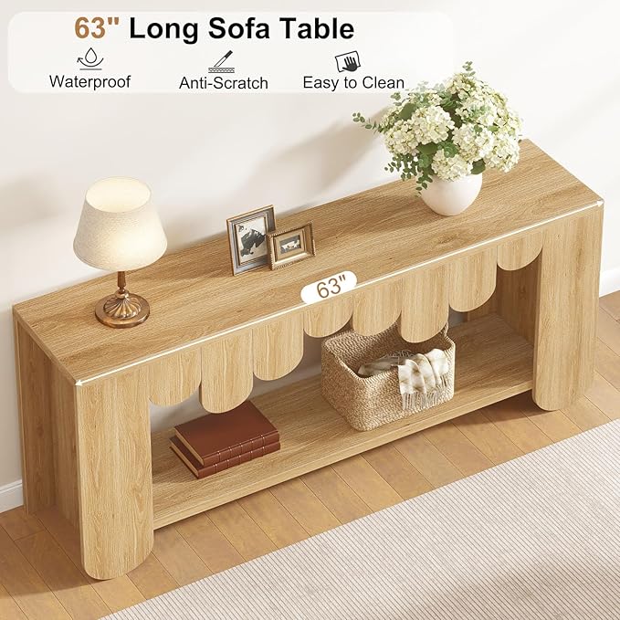 IBF 63” Long Console Table, Farmhouse Wood Entryway Table with Storage Shelf, 2-Tier Sofa Table Behind Couch for Home Living Room, Modern Rectangular Entry Table for Hallway Entrance Foyer, Oak