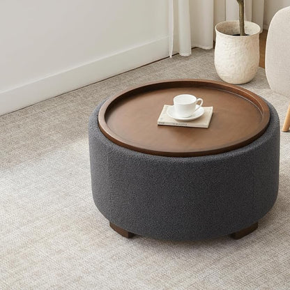 Zihanhome 30 Inch Round Storage Ottoman Coffee Table, Modern Boucle Ottoman with Lift-Off Lid and Solid Wood Legs for Living Room, Bedroom, Corners, Apartments (Grey)
