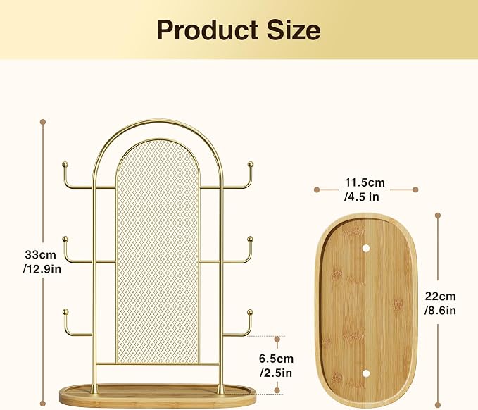 bussdis Jewelry Holder Organizer Earring Display - Earring Storage Tree Stands Towers With 6 Hooks 300 Studs Wood Tray Gold Metal Rack