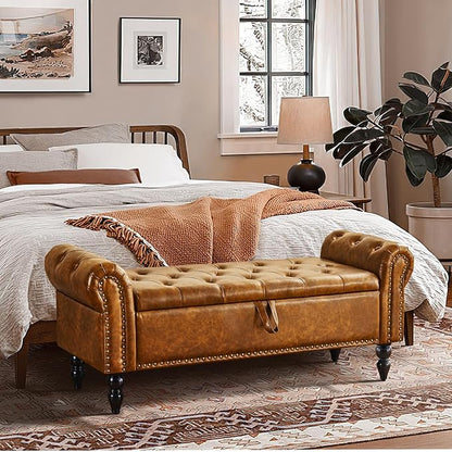 Furnimart Storage Bedroom Bench for End of Bed, Faux Leather Upholstered Storage Ottoman with Rolled Arms for Bedroom,Living Room, Entryway, 2.5Cubic Feet