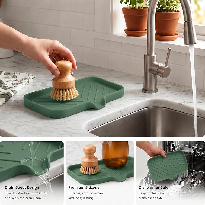 MicoYang Silicone Soap Dish with Drain Spout — Self-Draining Sink Organizer Tray for Bathroom & Kitchen, Sponges, Dispensers & Soap Holder, Non-Slip & Dishwasher Safe, Green (Medium, 9.6"×5.3")