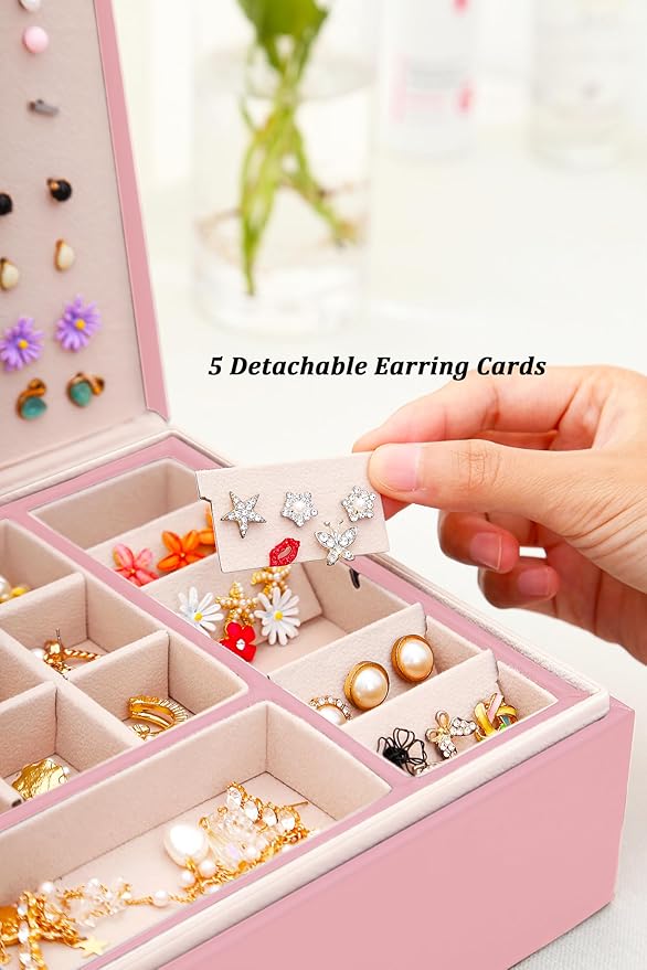 QBestry Girls Jewelry Box Earring Holder Organizer for Girls Earring Organizer Teen Jewelry Box Organizer for Girl Pink jewelry Boxes for Earrings Necklaces Rings Stud Earrings Box Organizers Teens