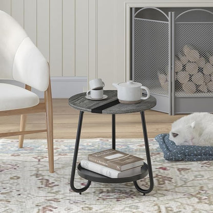 2 Tier Coffee Table in Living Room, Industrial Style Round Coffee Table with Metal Tray, Wood Small Outdoor Coffee Table for Bedroom Balcony Patio, Gray
