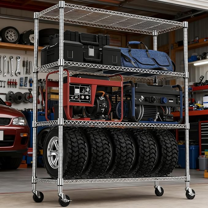 M MZG 1400LBS 47.2" W 4 Tiers Storage Shelves Metal Shelving Unit with Wheels Heavy Duty Garage Shelving Adjustable Wire Shelves for Pantry,Kitchen,Garage,Basement,Chrome 17.7" D x 47.2" W x 62.6" H