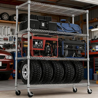 M MZG 1400LBS 47.2" W 4 Tiers Storage Shelves Metal Shelving Unit with Wheels Heavy Duty Garage Shelving Adjustable Wire Shelves for Pantry,Kitchen,Garage,Basement,Chrome 17.7" D x 47.2" W x 62.6" H