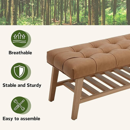 Entryway Shoe Bench Storage Benches with Upholstered Button Tufted Seat and Open Slatted Shelf PU Leather Ottoman Bench for Hallway Living Room Bedroom End of Bed, Brown