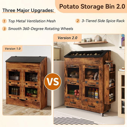 Verano Garden Large Potato and Onion Storage Bin on Wheels, Wood Bread Box w/Lid & Mesh Doors, 4-Tier Rolling Fruit and Vegetable Storage Organizer w/Grocery Section & Side Rack