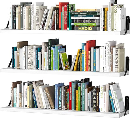 upsimples Floating Book Shelves for Wall, 35.4 Inches Long Floating Wood Shelves for Living Room, Library, Bedroom, Office Organizer and Storage, White