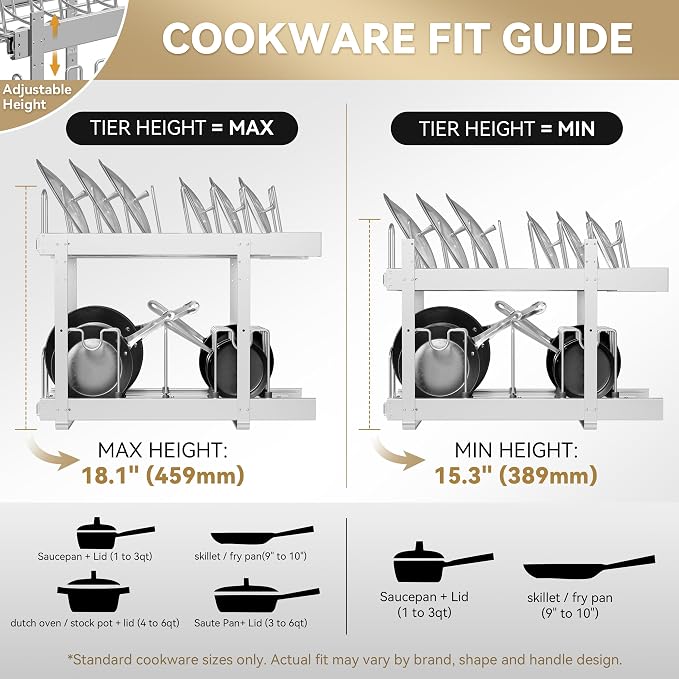 2-Tier Kitchen Pull out Cabinet Organizer for Pots, Pans, and Lid Cookware, Adjustable Heavy Duty Wire Pan and Pot Rack, Full-Extension Rail 12" W *22" D