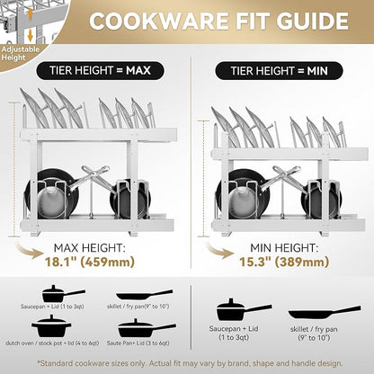 2-Tier Kitchen Pull out Cabinet Organizer for Pots, Pans, and Lid Cookware, Adjustable Heavy Duty Wire Pan and Pot Rack, Full-Extension Rail 12" W *22" D