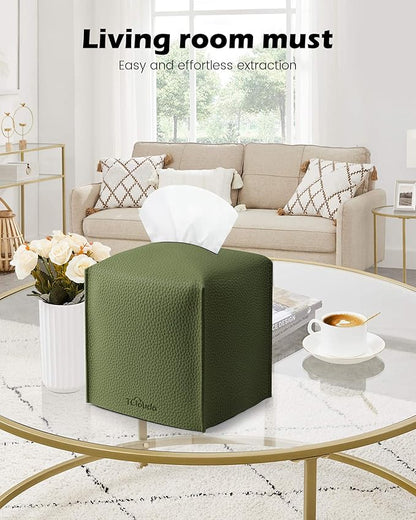 Tclouda Tissue Box Cover for PU Leather, Modern Simple Solid Color Holder Square Tissue Bag, Ideal for Bathrooms,Office,Car,Nightstand,Outdoor Tent,Dining Table,5"X5"X5", Single Green