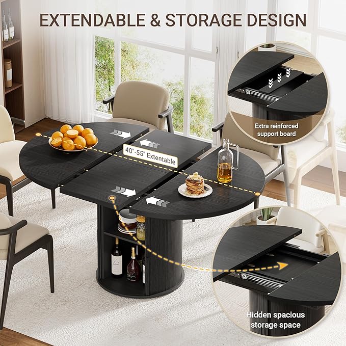 40-55in Black Round Dining Table for 4–6, Modern Expandable Dining Table, Oval Dinner Table with Removable Leaves Space Saving, Kitchen Table for Dining Room,Apartments or Meeting Rooms