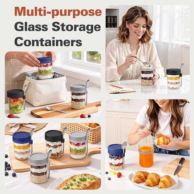 6 Pack Overnight Oats Containers with Lids and Spoons, 16 oz Airtight Oatmeal Container with Measurement Marks, Overnight Oats Jars Large Capacity Airtight Jars for Milk, Cereal, Fruit