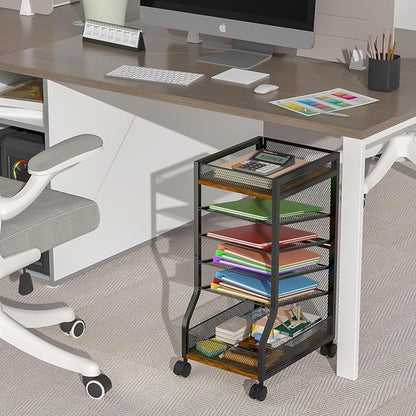 keomaisyto 6-Tier Standing File Organizer for Office Organization, Under Desk File Holder with Sliding Mesh Paper Letter Trays, Slim Rolling File Cart with Wheels for Home/Office/Study