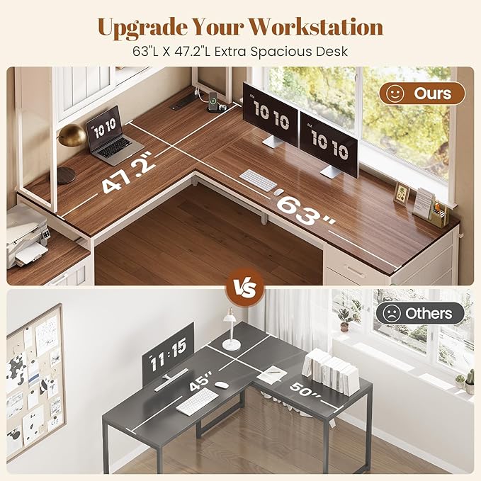 SEDETA Farmhouse L Shaped Office Desk with 6 Drawer, Reversible Computer Desk with Power Outlet, Hutch for Home Office/Two Person, Corner Desk with File Drawer & Printer Storage Shelves, White