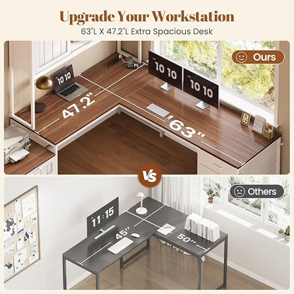 SEDETA Farmhouse L Shaped Office Desk with 6 Drawer, Reversible Computer Desk with Power Outlet, Hutch for Home Office/Two Person, Corner Desk with File Drawer & Printer Storage Shelves, White