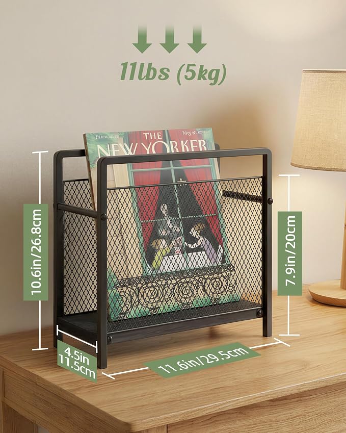 Magazine Holder, Magazine Rack Floor, Metal Mesh with Wood Base Magazine Storage Basket, Folder Organizer Bin for Books, Newspapers, Mails, Files, Black