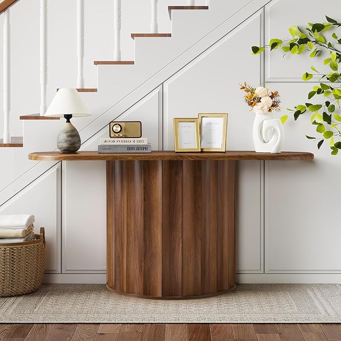 Fluted Console Table, 59'' Narrow Wooden Sofa Tables Behind Couch, Modern Entryway Table with Storage Curved Accent Table for Hallway, Living Room, Entrance, Foyer (Walnut)