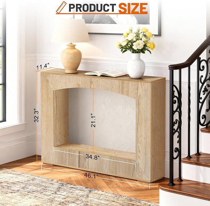 46 Inch Entryway Table U-Shaped, Wooden Console Table with Socket Farmhouse Sofa Table for Entrance, Hallway, Living Room,Behind Couch((Natural Brown)