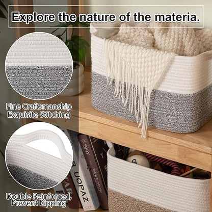 OIAHOMY Woven Storage Basket for Shelves, Rectangle Cotton Rope Baskets for Organizing, 13 x 10 x 9 in, Storage Bins for Dog Toys,Towel,Books,Gift,Grey and White