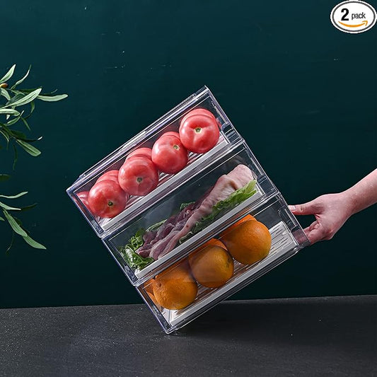 Diskary Fridge Organizer, Stackable Refrigerator Organizer Bins, Reusable Food Storage Containers, Fridge Drawer Organizer in Home Kitchen, Barbecue Shop, Restaurant, BPA-Free (2 Drawers, Medium)