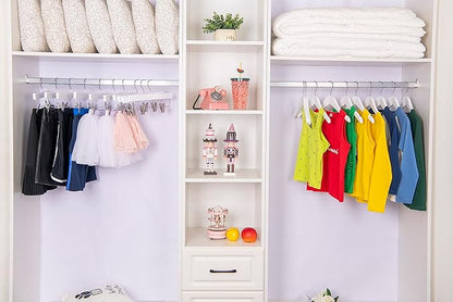 Quality 11 Inches Kids Wooden Pants Hangers 20 Pack - Skirt Hangers with Adjustable Metal Clips 360° Swivel Chrome Hook & Nonslip Notches- Ideal for Clothes Size 8 and Smaller (White, 20)