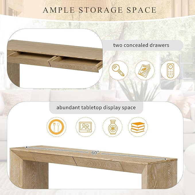 Modern Entryway Console Table 60-Inch Entryway Sofa Table with 2 Hidden Storage Drawers for Living Room Entrance Hallway Furniture, Easy Assembly (Natural)